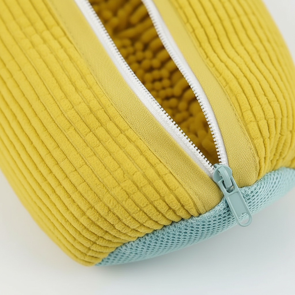 Detalj mrežastog materijala i rajsferšlusa torbe za pranje patika